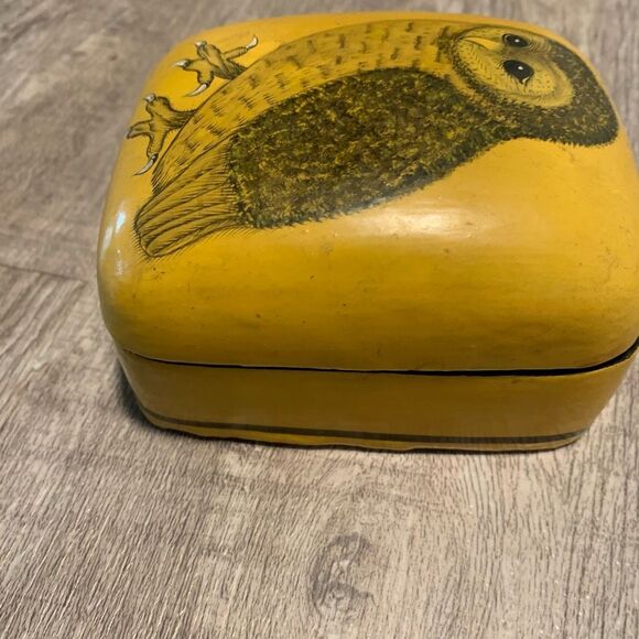 Vintage Owl Decorative Jewelry Box Small 70s Yellow Accent Decor - Picture 3 of 9